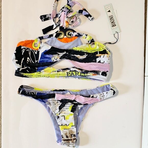 The Bikini Lab News Flash Artsy Bandeau Strappy Bikini Top Size Medium - Picture 11 of 12